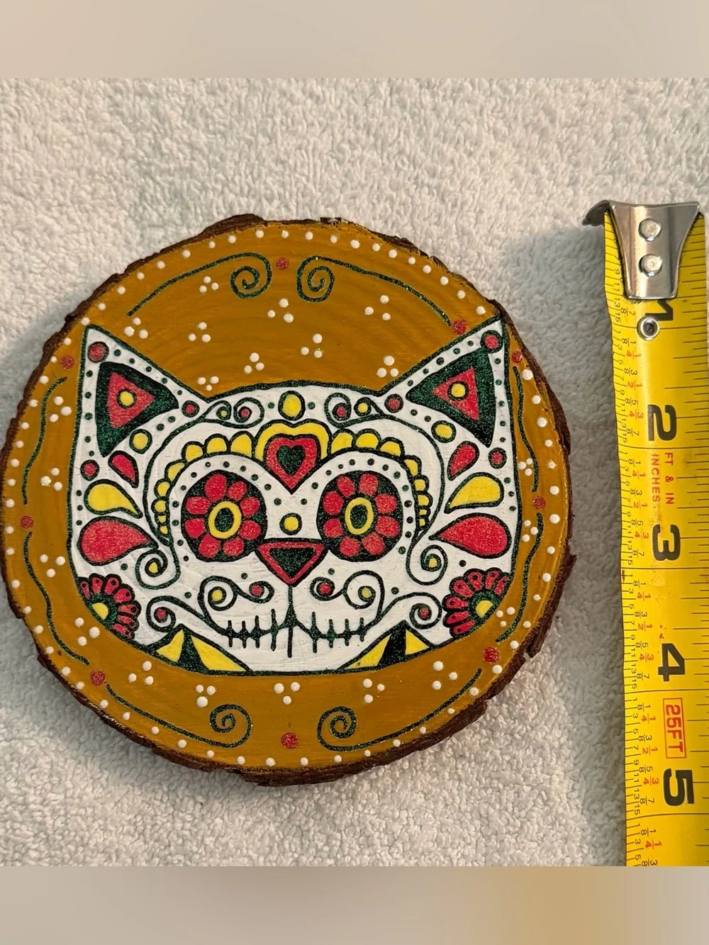 Hand-Painted Sugar Skull Cat Wood Slice Art
